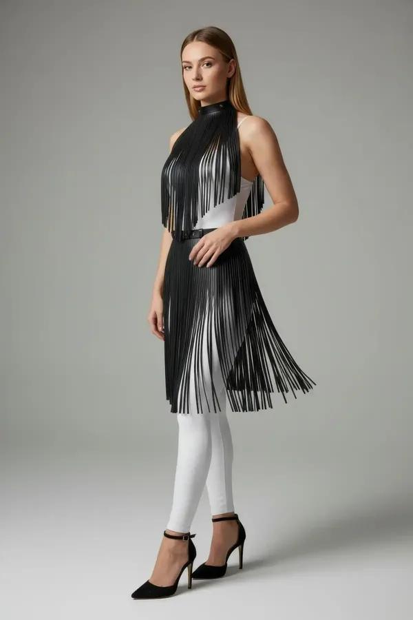 Faux Leather Fringe Mock Neck Overlay