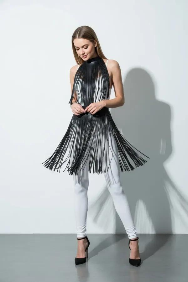 Faux Leather Fringe Mock Neck Overlay