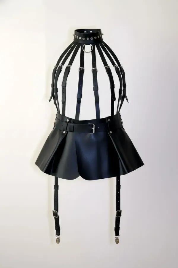 Cage Harness with Studded Choker & Pleated Skirt