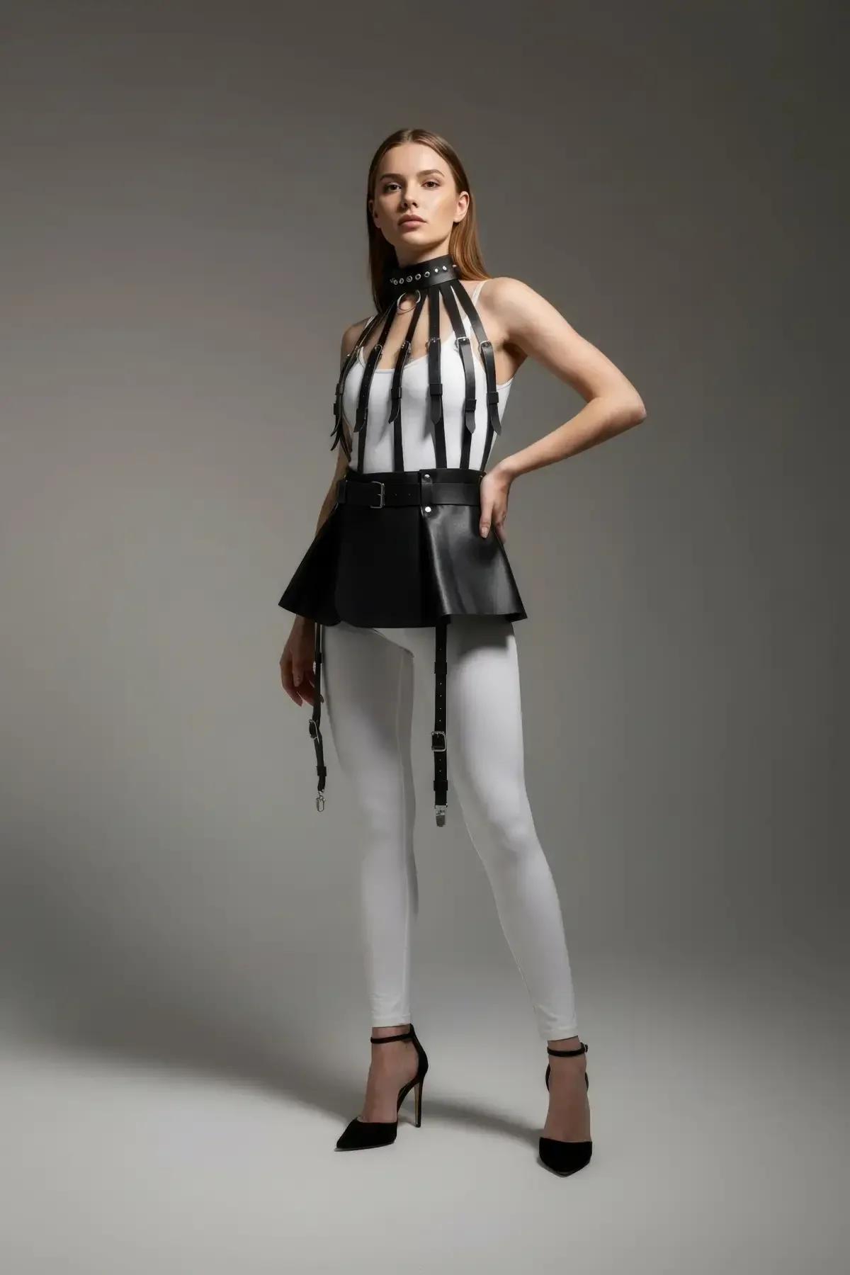 Flared Faux Leather Harness Skirt with Adjustable Garter Straps
