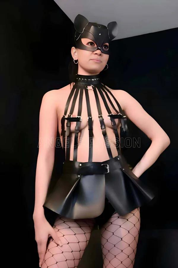 Black Faux Leather Skirt Harness and Adjustable Bustier