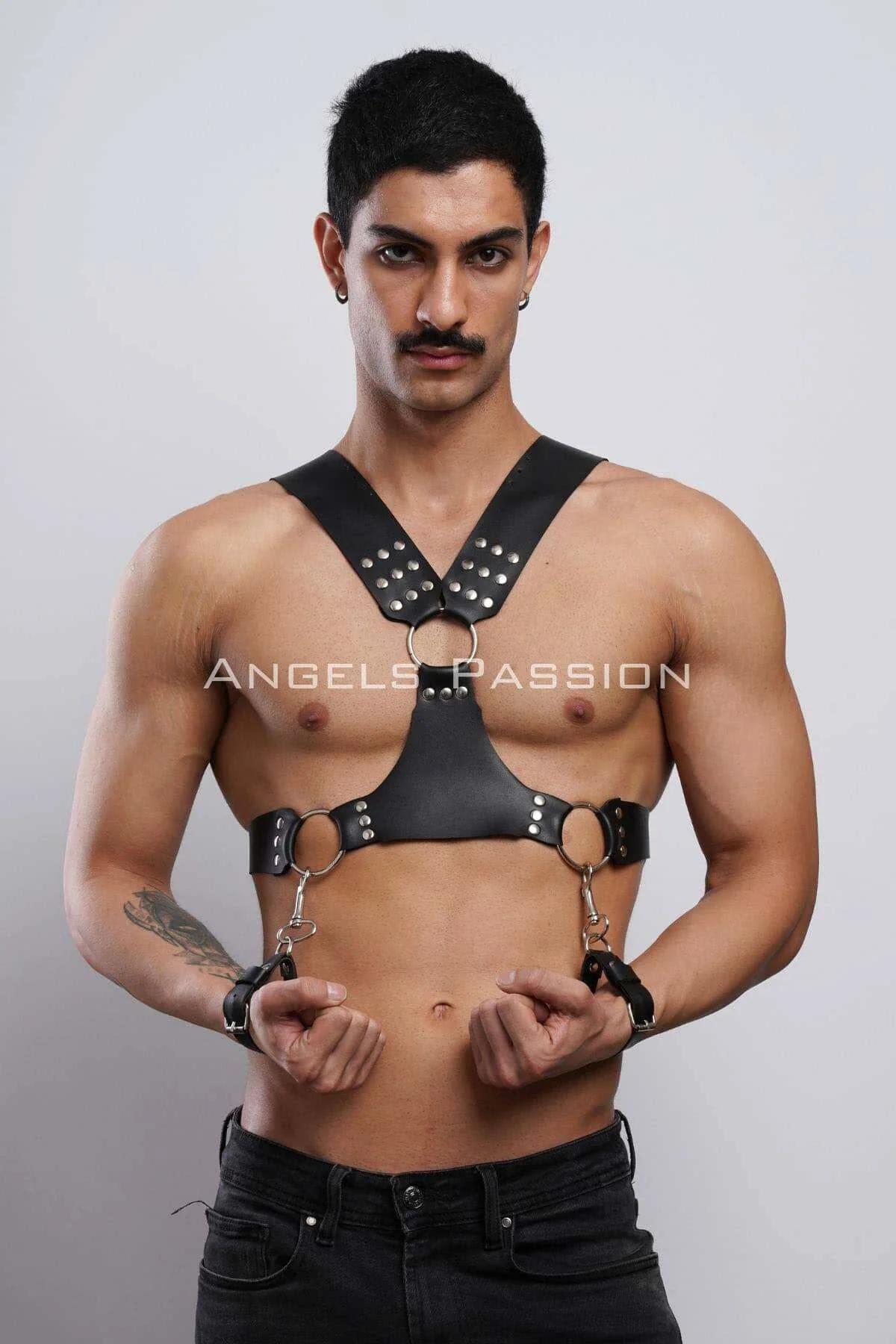 Studded Chest Harness with Detachable Cuffs