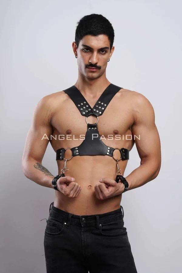 Studded Chest Harness with Detachable Cuffs