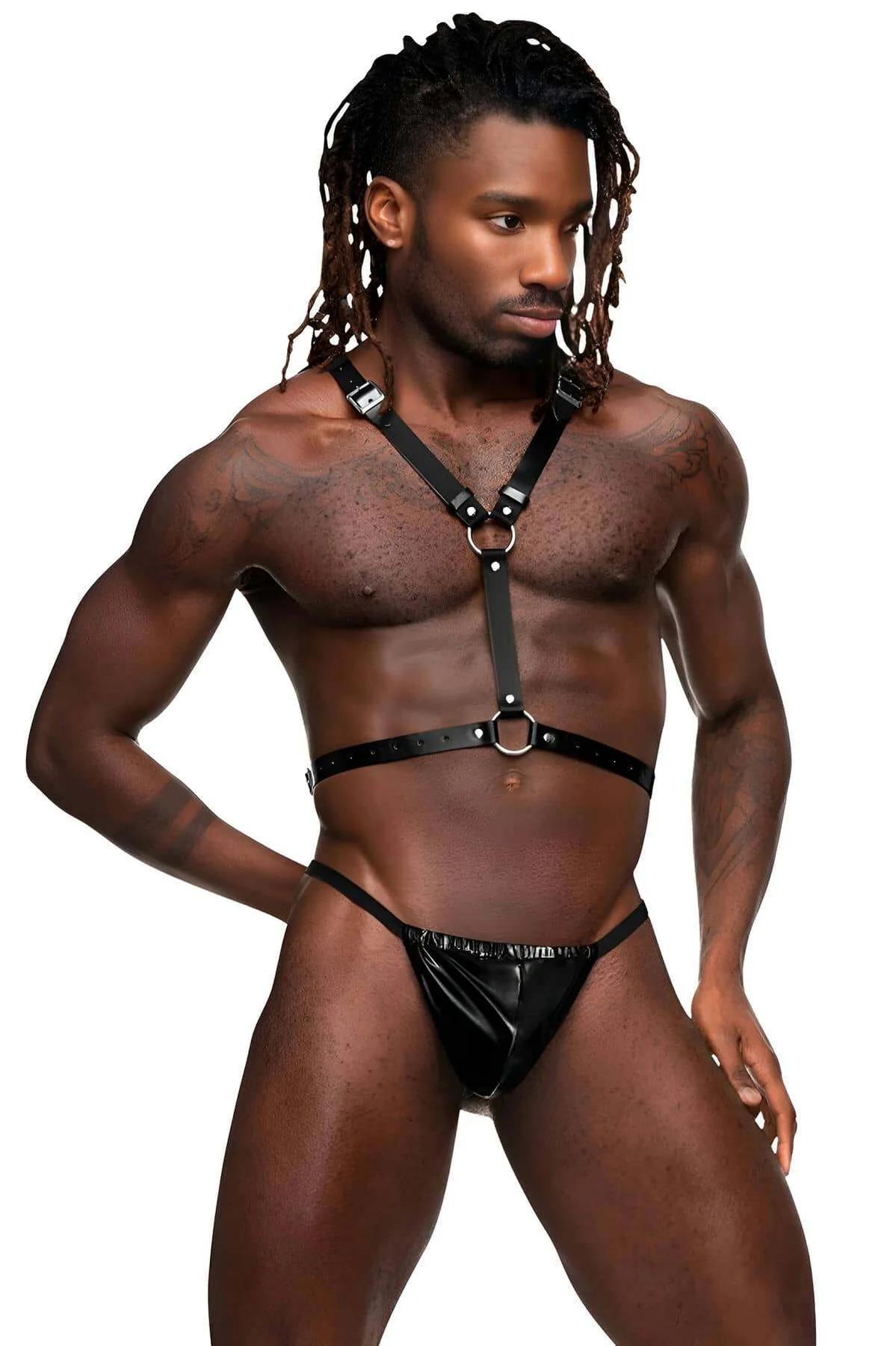 Adjustable Black Faux Leather Chest Harness with O-Ring