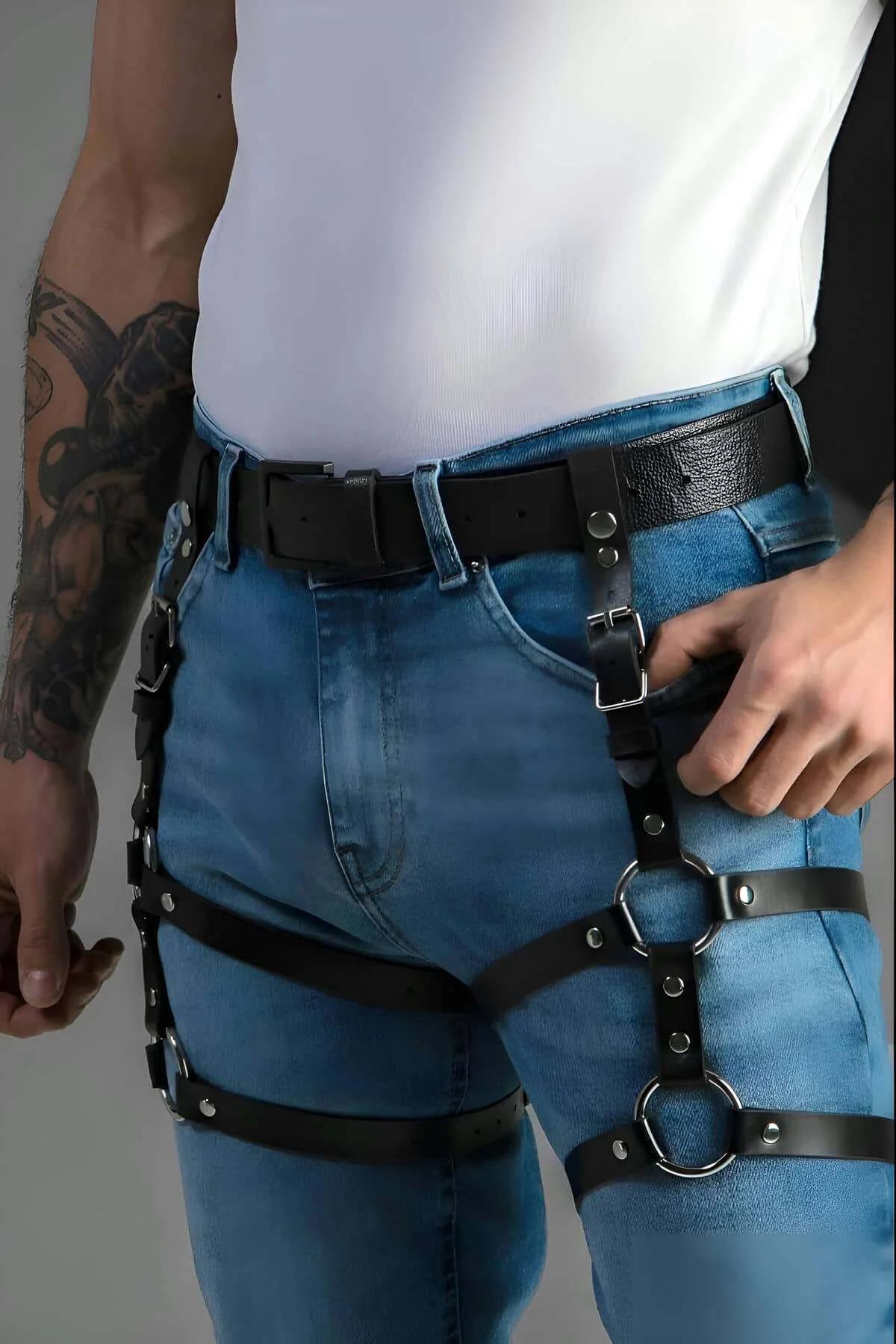 Black Faux Leather Leg Harness with Rings