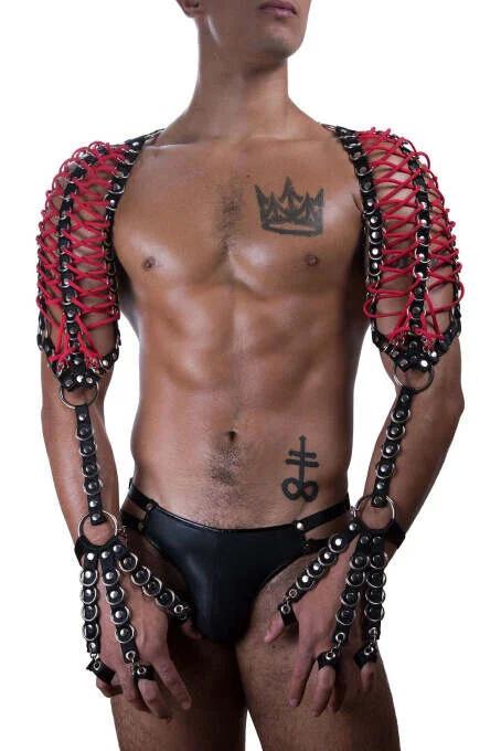 Red Faux Leather Shoulder Harness Front View Chain Link Detail