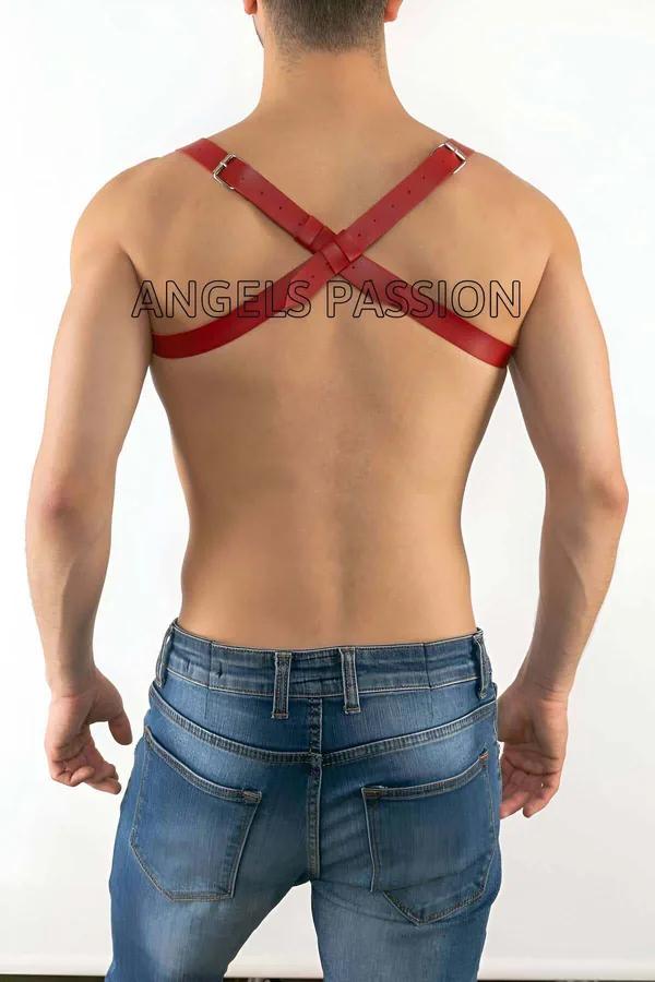 Red Faux Leather Chest Harness with O-Ring Detail