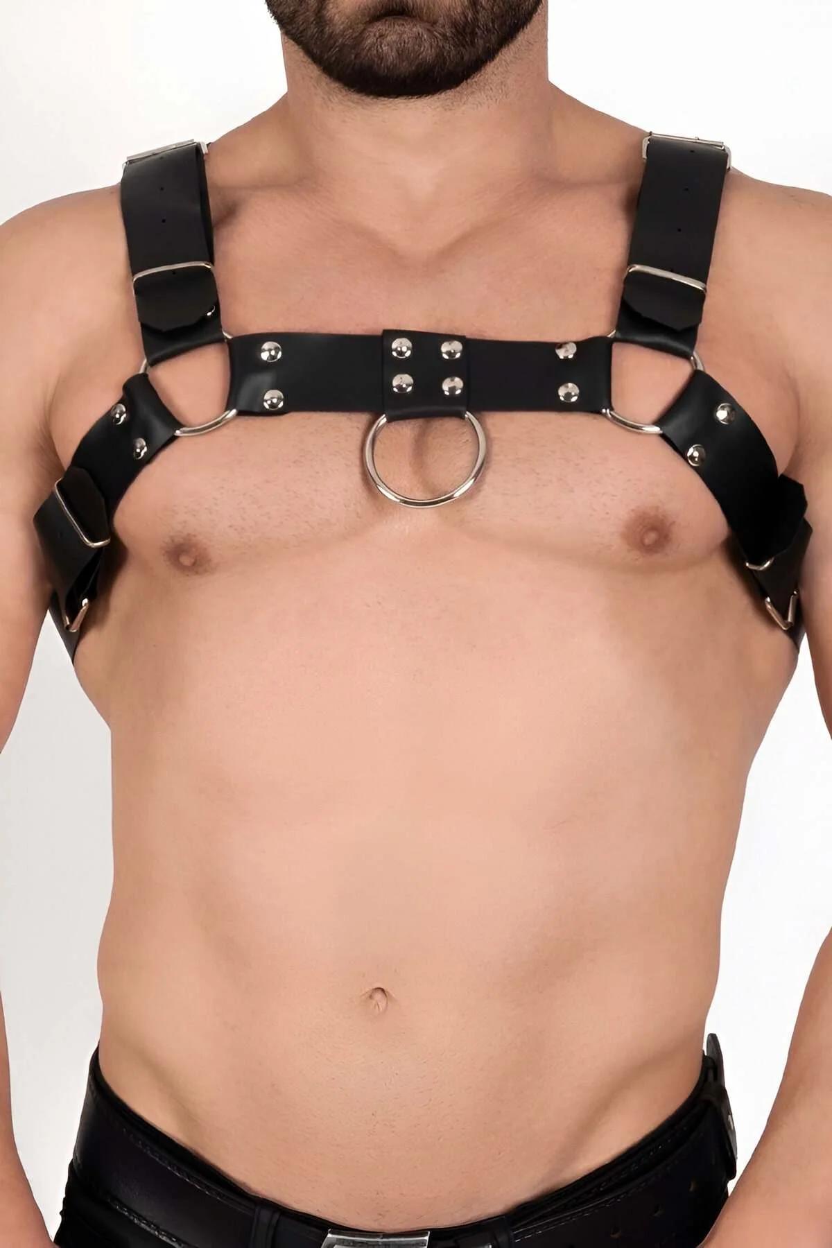 Black Faux Leather Chest Harness with O-Ring