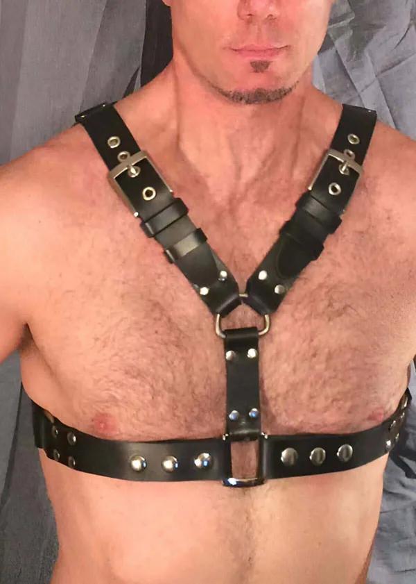 Adjustable Faux Leather Chest Harness with Silver Buckles