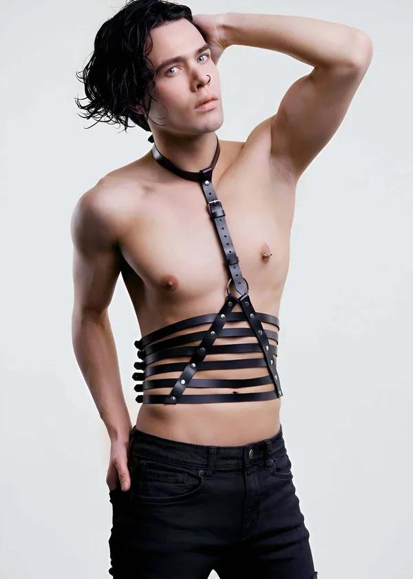 Faux Leather Torso Harness with Adjustable Neck Collar