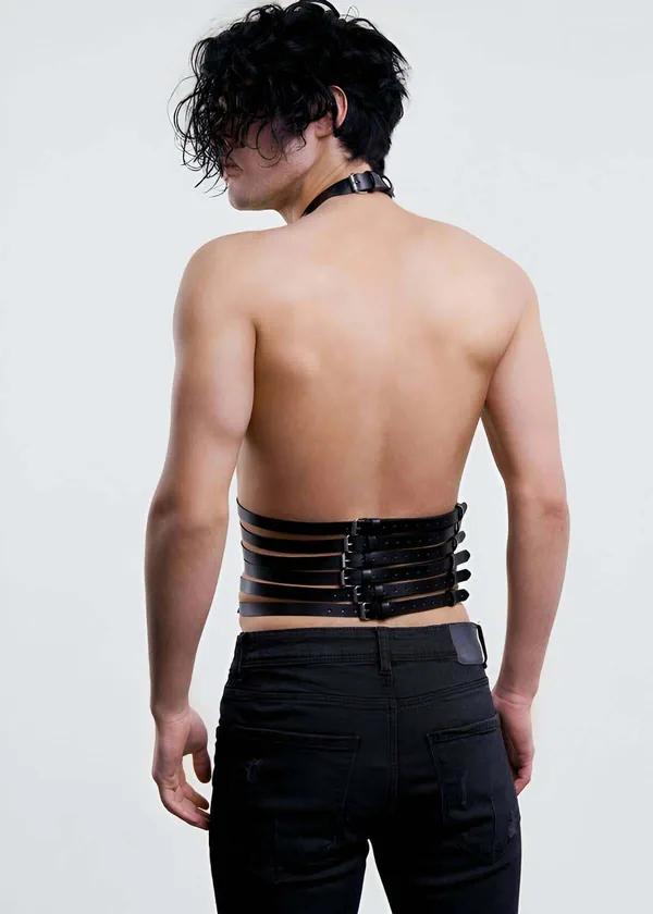 Faux Leather Torso Harness with Adjustable Neck Collar