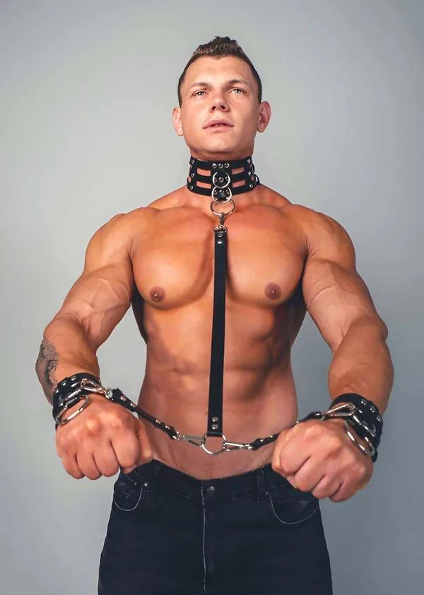 Faux Leather Collar, Cuffs & Leash Set with O-Rings