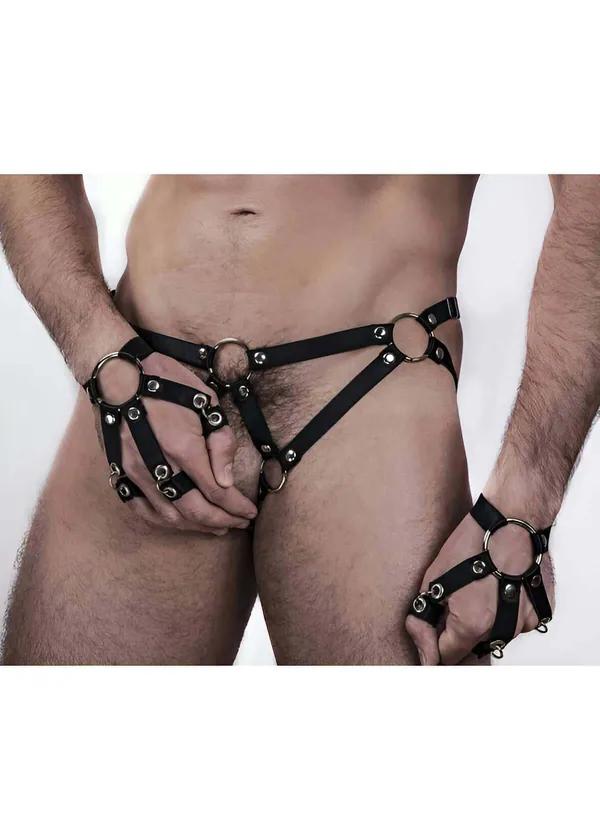 O-Ring Harness Thong with Handcuff Wrist Straps