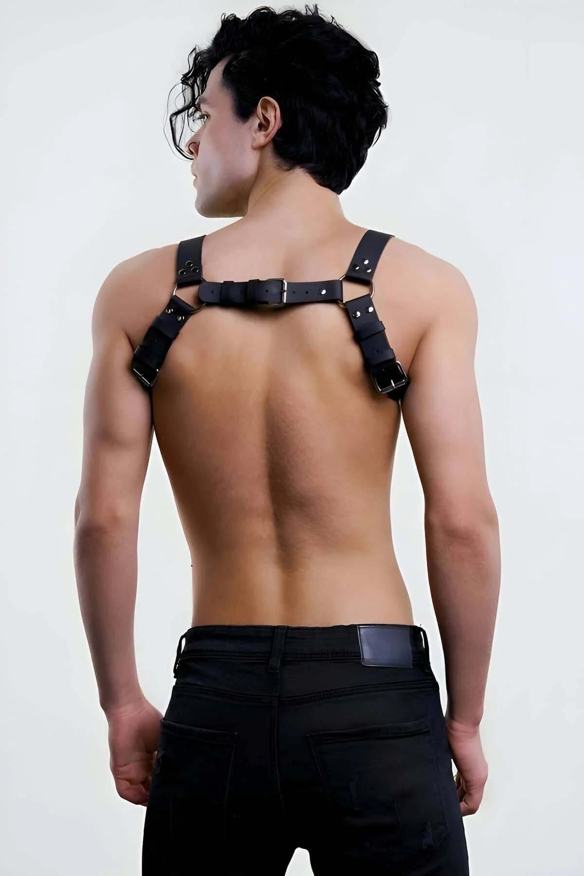 Black Faux Leather Chest Harness with O-Ring Center