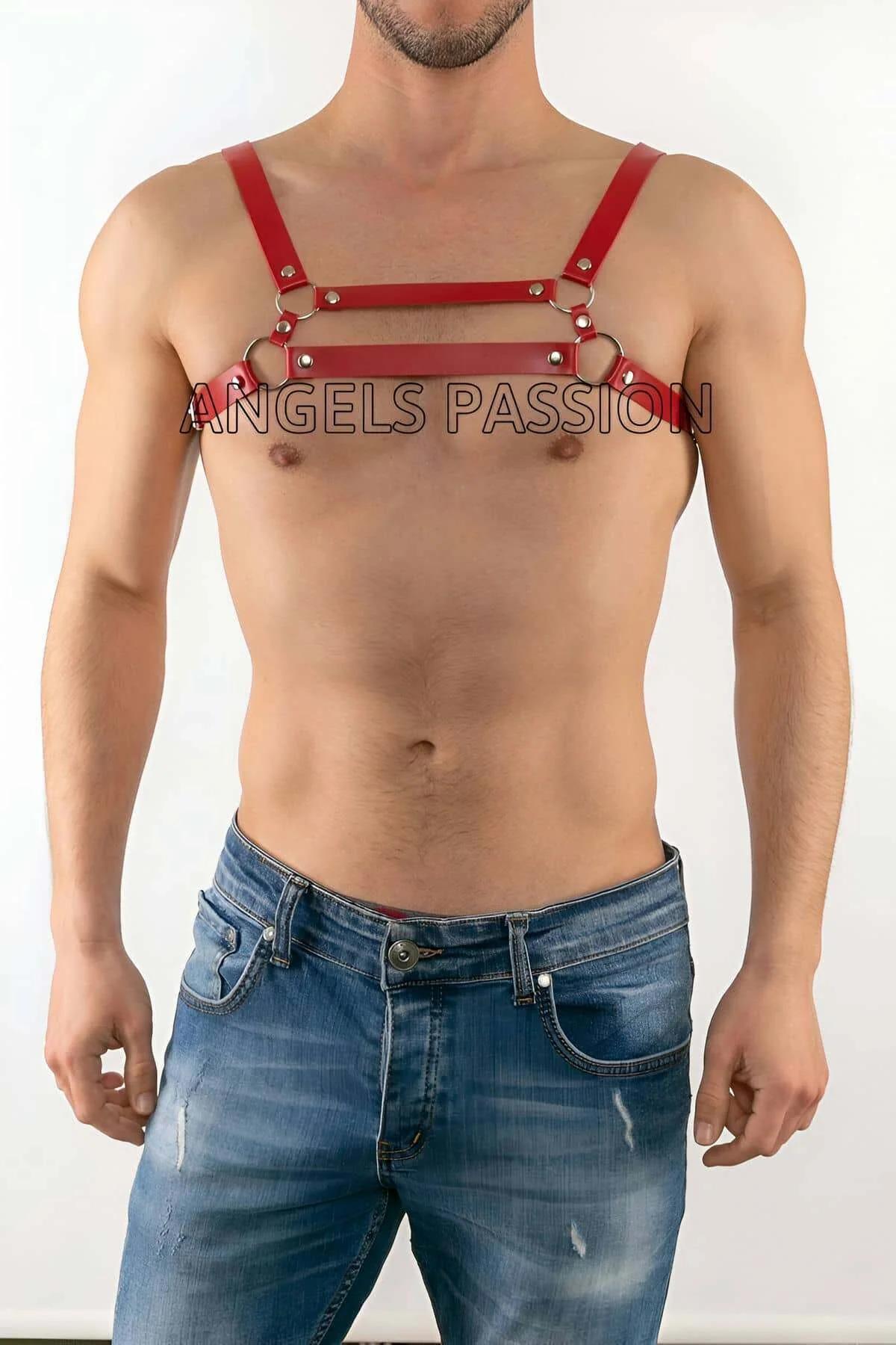 Red Faux Leather Chest Harness with O-Rings