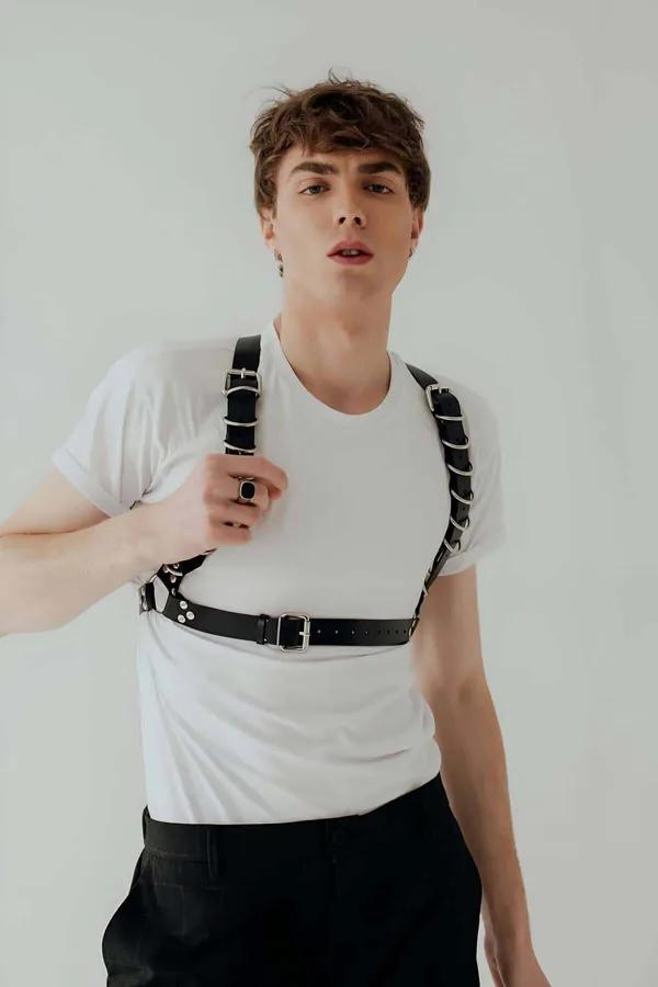 Adjustable Black Faux Leather Chest Harness with Buckle Closure