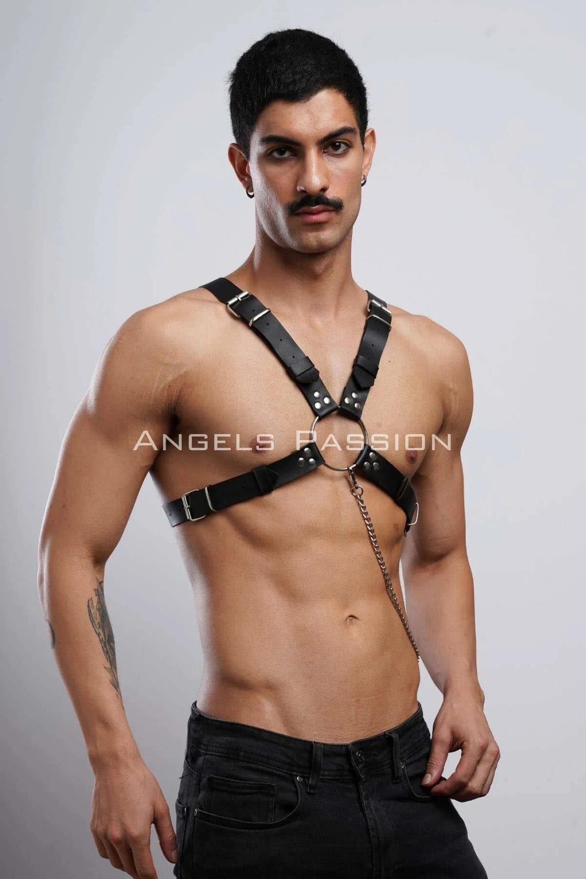 Black Faux Leather Chest Harness with Chain Detail