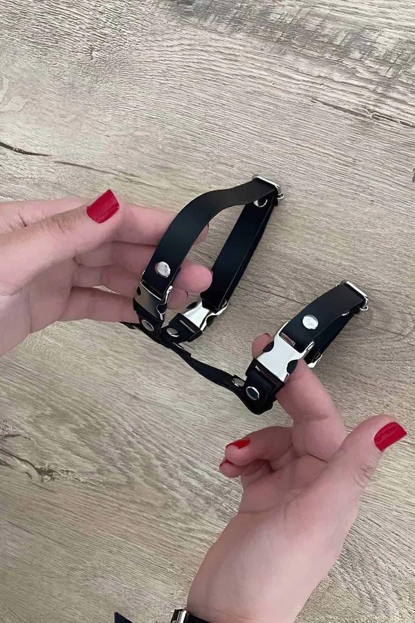Adjustable Black Faux Leather Cat Harness with Quick-Release Buckles