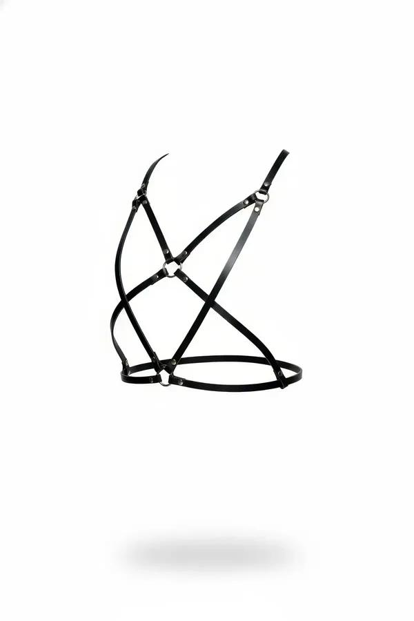 Siyah vegan deri göğüs harness geometrik çapraz X bantlı gümüş O-halka detaylı ayarlanabilir omuz askılı