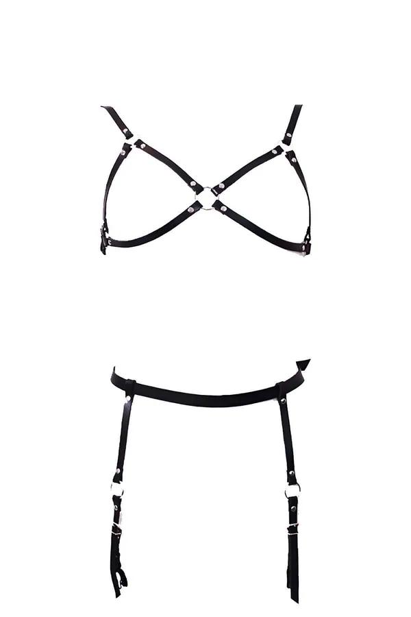 Black faux leather chest harness and garter belt set with silver-tone O-ring and stocking clips, flat lay on white background