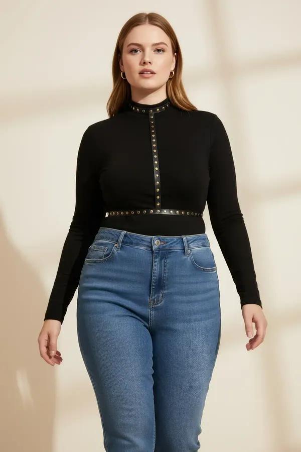 büyük beden siyah vegan deri harness altın zımba detaylı boyun ve bel bandı vücut aksesuar