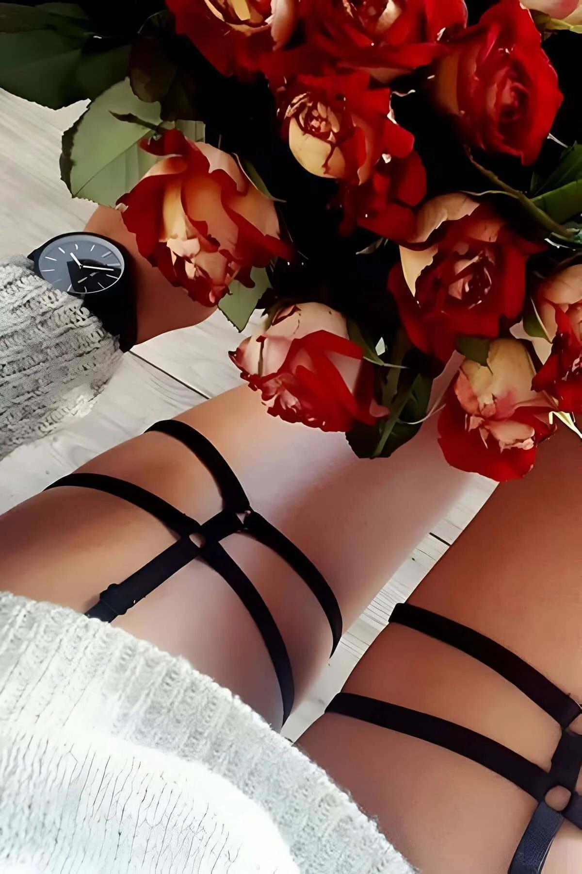 black faux leather strappy thigh harness garters with metal buckles worn on upper legs