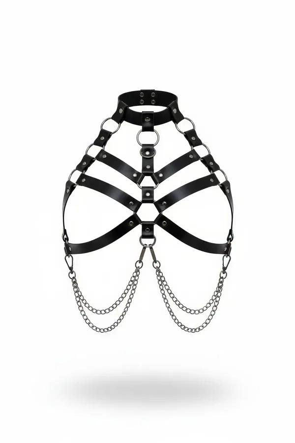 siyah vegan deri vücut harness zincir ve O-halka detaylı gümüş metal aksesuar