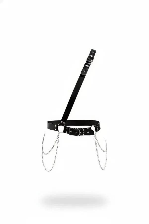 Siyah suni deri vücut harness tek omuz askılı gümüş zincir detaylı bel bandı