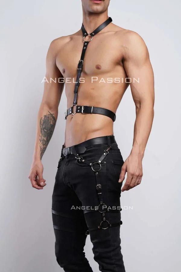 Black faux leather adjustable chest and leg harness set with silver O-rings on male model
